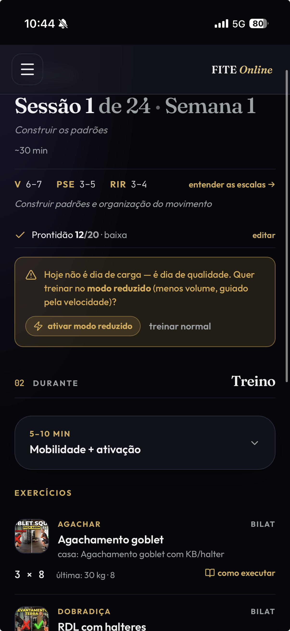 Tela do app FITE mostrando o questionário de prontidão diária e o modo reduzido em dia cansado